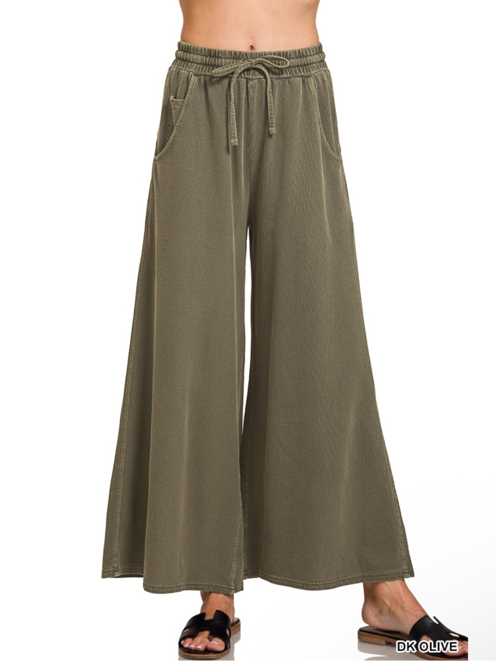 NEW Zenana 100% Cotton Dark Olive Washed French Terry Wide Leg Pants Medium - Picture 2 of 2